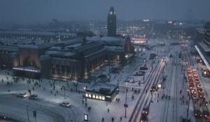 Aerial photo of a street at night time in Helsinki, Finland