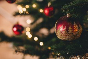 Christmas baubles in a Christmas tree